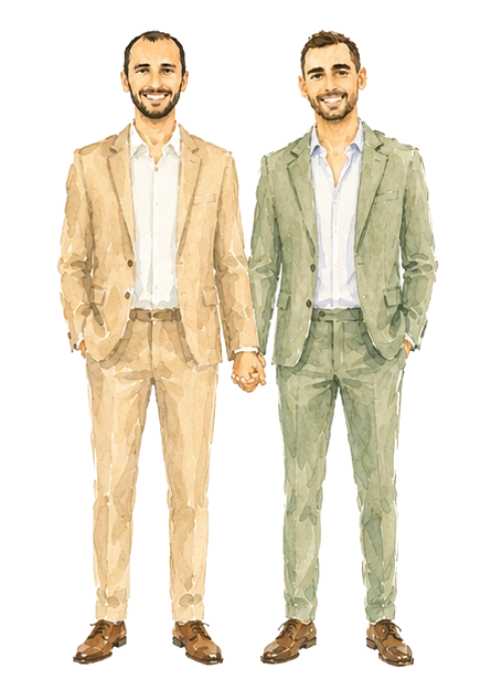 Watercolor illustration of Joe and Blaine holding hands.